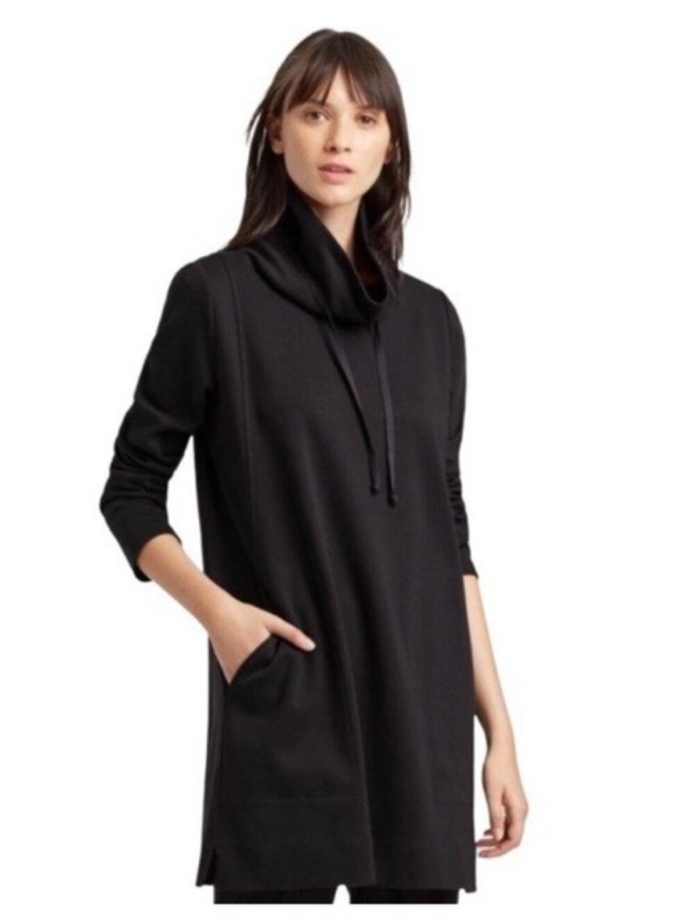 Eileen Fisher Black Organic Cotton Funnel Neck Drawstring Tunic Top